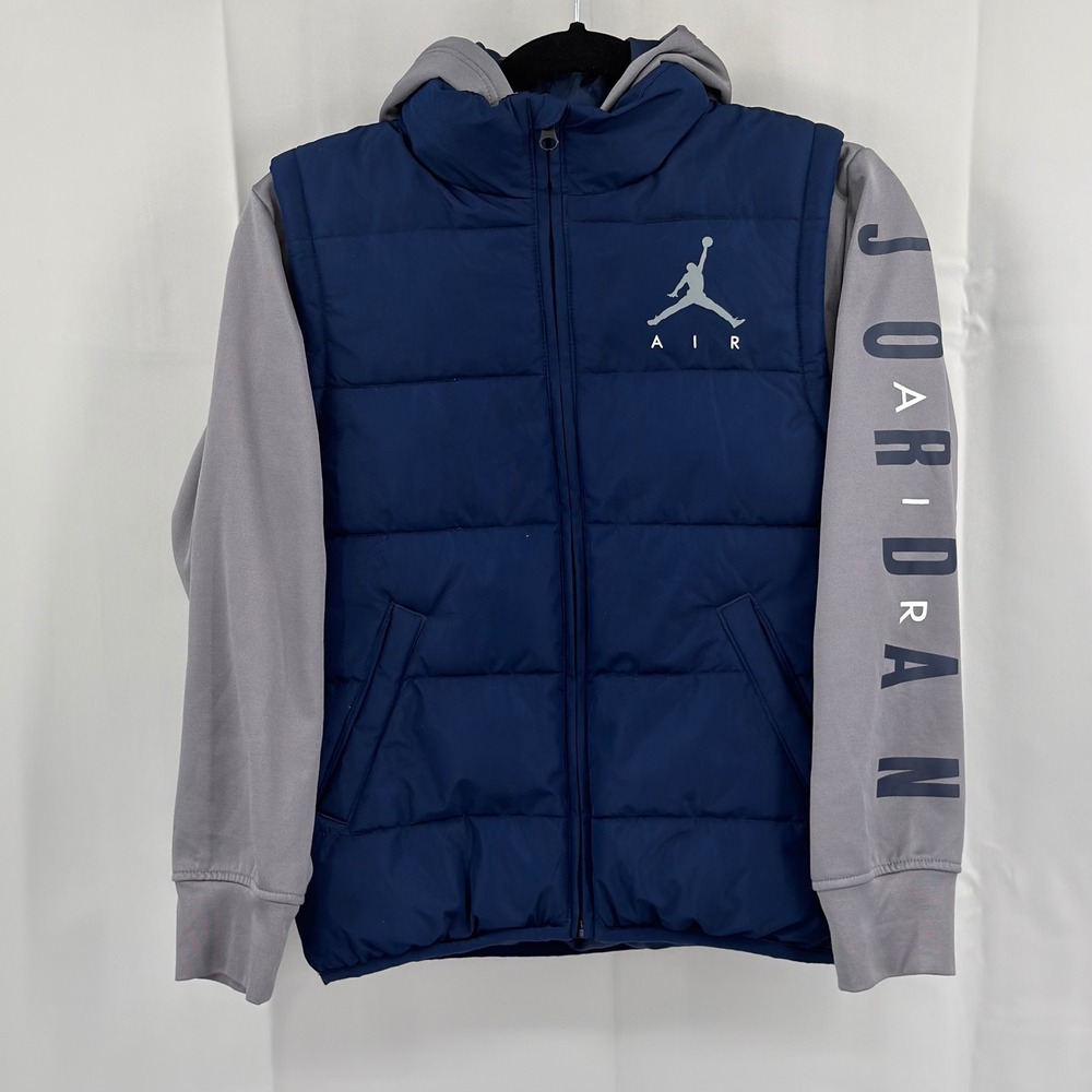 Air‎ Jordan Jacket Boys Size M Jumpman Puffer Hooded Full Zip Pockets Blue Grey